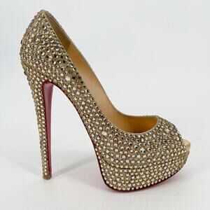 Christian Louboutin Gold Lady Peep 150 Ring Strass Platform Peep Toe Pumps EU 37